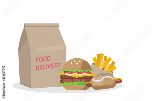 paper bag food delivery.  fast food home delivery.  vector illustration of burger, hot dog and french fries on a white background