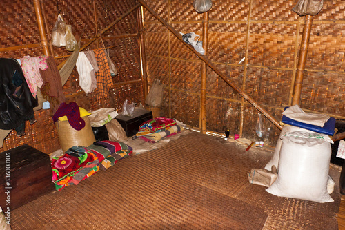 Fotografie The interior of a typical Burmese bamboo shack in a poor village, Myanmar