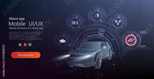 Hologram auto, futuristic polygonal model auto. Smart auto ai hud. Driverless car working modes  vector illustration. Manual control, driver assistance, partial conditional, high automation.Web banner