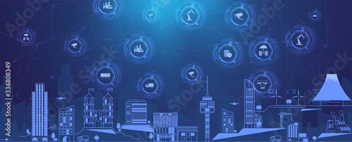 Concept Smart city for web page, banner, presentation, social media. Smart city concept with different icon and elements. city design technology for living.  of innovations, Internet of things.