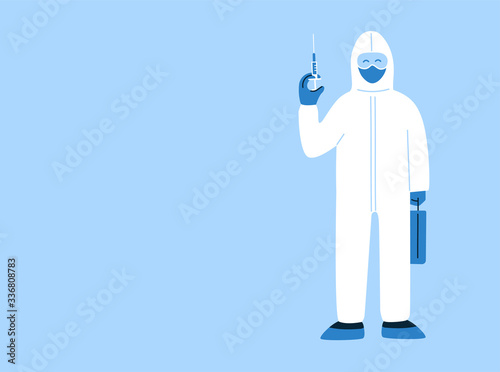 Vector illustration in flat style with empty place for text. Stop novel coronavirus COVID-19 concept. Doctor, medical staff in hazmat suit and mask with a syringe. Medical injection. Vaccination