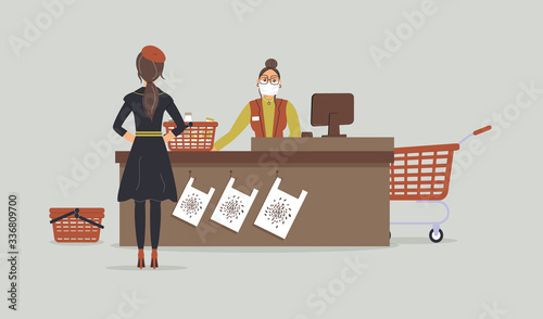 Grocery store during epidemic of virus.Cashier in protective medical mask is behind cash register serves customer with basket with milk and dairy products.Teller's workplace in supermarket.Vector
