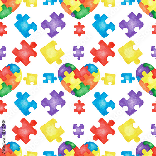 Seamless pattern with colorful jigsaw puzzles and heart on white. Watercolor hand drawn illustration in cartoon realistic style. Concept of autism, relax, children board game, meditation, happiness.