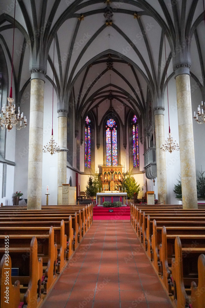 Vaduz Cathedral of St. Florin interior. Liechtenstein, December, 2019