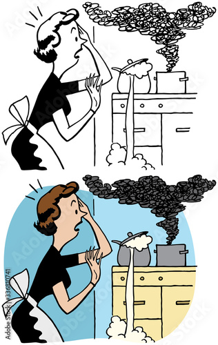 A cartoon of a woman accidentally burning her dinner on her stove. 