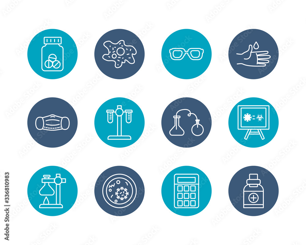 biology cell with science, medication and investigation icon set, block style biology cell with science, medication and investigation icon set, block style
