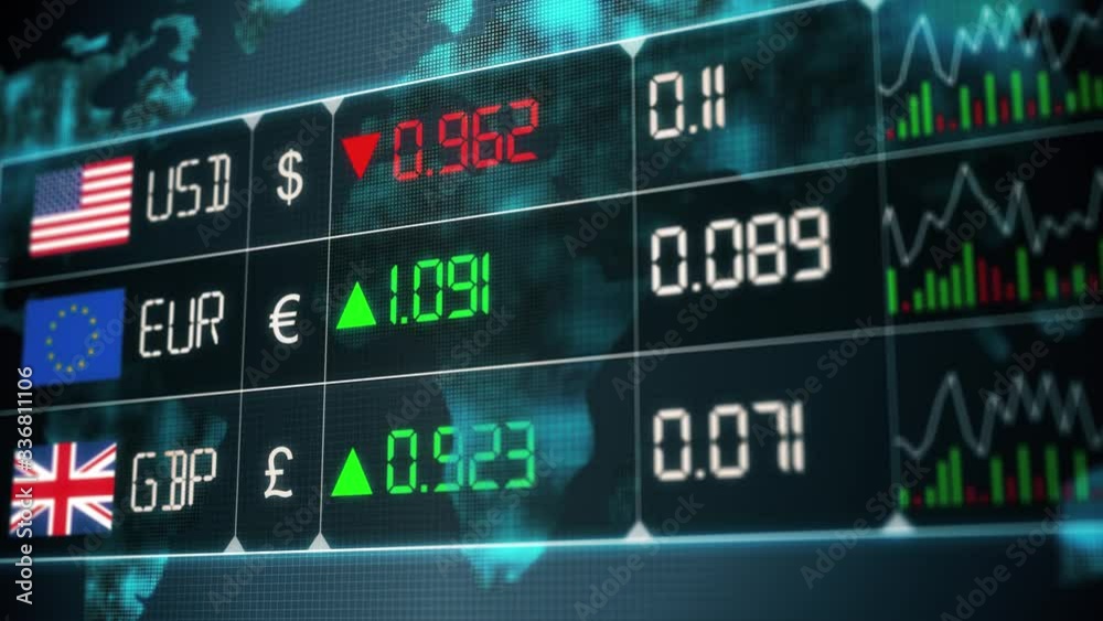 Evolution of British pound, Euro, US dollar currencies with up and downs. Currency market with green and red digital animation of prices in the world, with financial and ecomonic crisis - 4K animation Evolution of British pound, Euro, US dollar currencies with up and downs. Currency market with green and red digital animation of prices in the world, with financial and ecomonic crisis - 4K animation