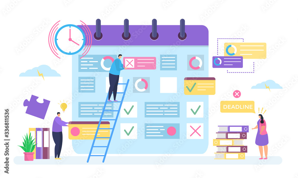 Business planning, deadline concept vector illustration. Cartoon tiny people work, employee characters make plan of business task in organizer planner or reminder. Timing strategy isolated on white Business planning, deadline concept vector illustration. Cartoon tiny people work, employee characters make plan of business task in organizer planner or reminder. Timing strategy isolated on white