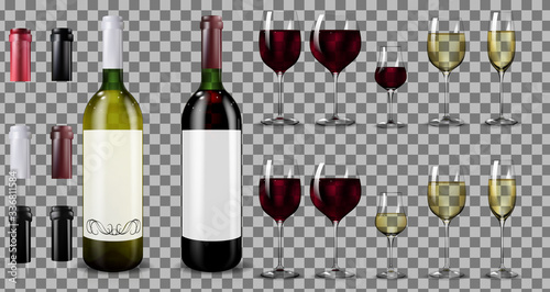 Red and white wine bottles and glasses. Realistic mockup