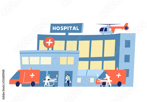 Hospital building with ambulance cars arriving with sick people. Doctors in protective overalls and masks with patient in medical bed during coronavirus epidemic. Flat vector illustration.