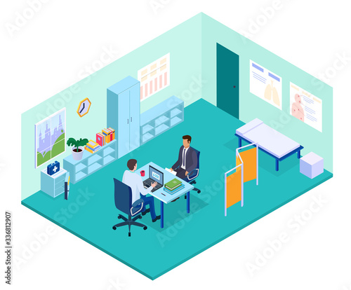 Isometric doctor office vector illustration. 3d physician character sitting at table, consulting patient in doctoral cabinet interior of hospital building. Medical consultation, healthcare medicine