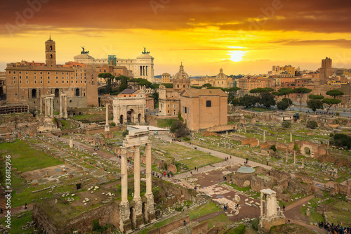 Photography Architecture of the Roman Forum in Romeat sunest, Italy