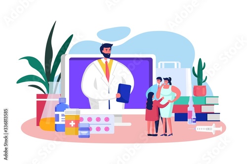 Family doctor online vector illustration. Cartoon flat character advising, consulting tiny father, mother and kid, using video app computer doctoral service. Mobile distance medicine isolated on white
