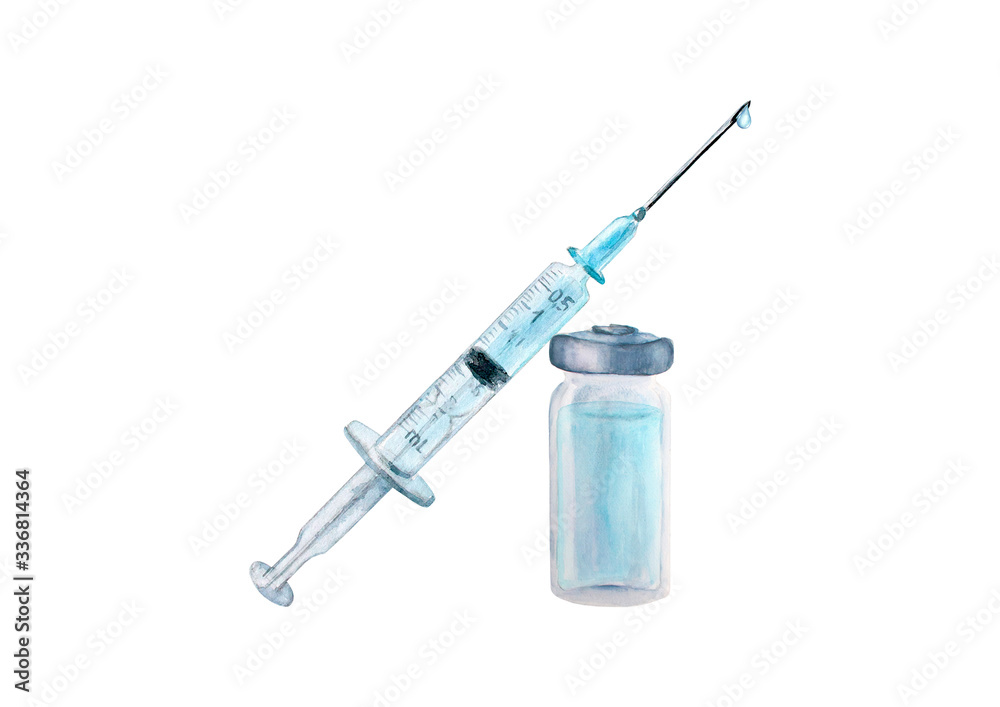Watercolor plastic medical syringe with medicine, glass medical ampoule vial for injection Watercolor plastic medical syringe with medicine, glass medical ampoule vial for injection