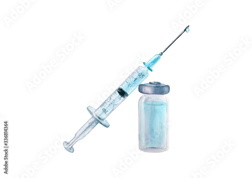Watercolor plastic medical syringe with medicine, glass medical ampoule vial for injection