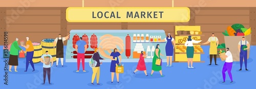 Local farm food market vector illustration. Cartoon flat people shopping with shopper bag, woman man characters buying from farmers meat, bread, vegetables at marketplaces. Retail marketing background