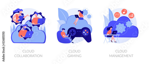 Computing technology. Internet of things. Cloud collaboration, cloud gaming, cloud management metaphors. Data centers available to many Internet users. Vector isolated concept metaphor illustrations
