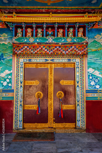 Door gate in Buddhist monastery. Mud village, Pin Valley, Himachal Pradesh, India