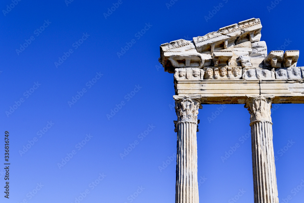 Temple of Apollo in the Old city of side, antique columns against the blue sky