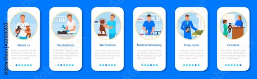 Vet clinic app vector illustration. Cartoon flat vertical mobile smartphone application interface set for pet or animal veterinary hospital. Clinical medical examination, vaccination, sterilization