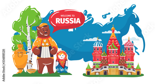 Welcome to culture of Russia vector illustration. Cartoon flat Russian traditional cultural symbol, doll, bear with accordion and samovar standing near Saint Basil Cathedral. Russian folk art concept