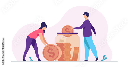 Family couple saving money. Man and woman inserting cash into glass jar. Vector illustration for finance, deposit, economy, investment, banking, concept