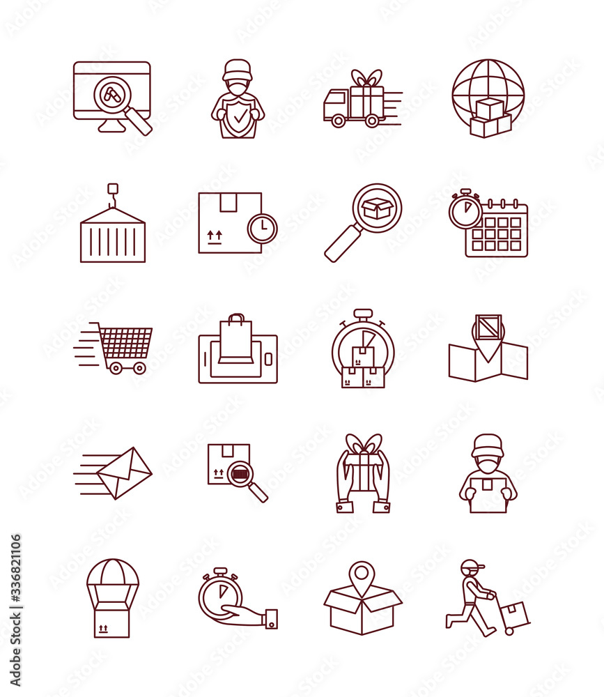 container and fast delivery icon set, line style container and fast delivery icon set, line style