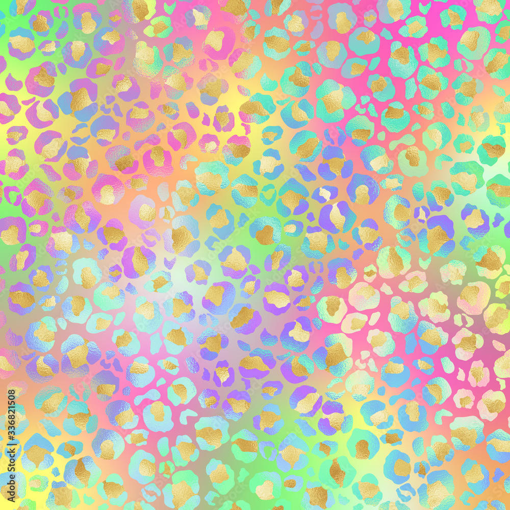 Holographic Leopard Print on Gradient Background - Cute holographic leopard spots pattern on bright neon gradient background	