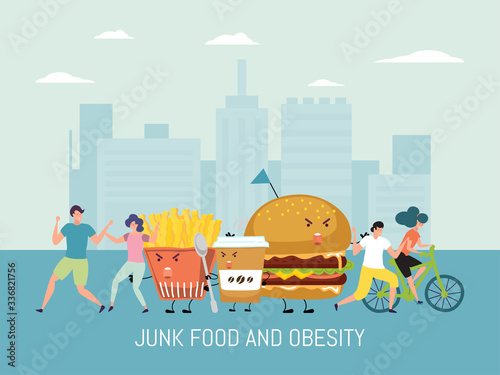 Junk food, obesity vector illustration. Obese people cartoon characters run away from unhealthy fast food, hamburger, french fries, coffee. Woman rides bike. Overweight problem and diet concept.
