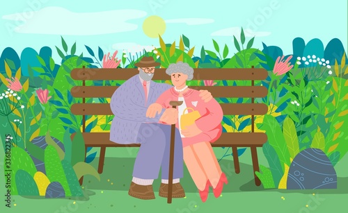 Old lovely couple, character aged female and male people sitting on bench, flat vector illustration. People in national park, peaceful place for relax. Reserve respite time for retiree.