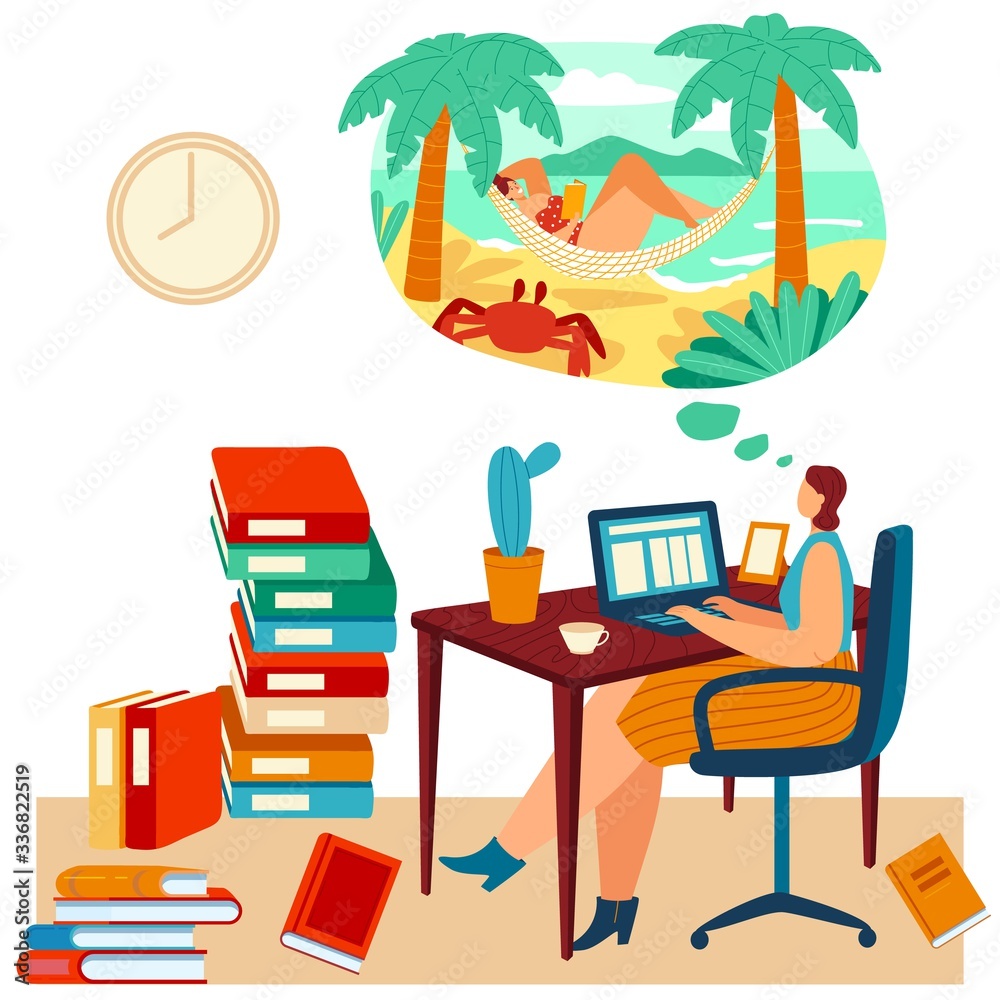 Fototapeta premium Woman work laptop but dream about beach, tropical travel, female lying hammock, ocean shore, isolated on white, flat vector illustration. Stack of book, desk, clock on wall. Web design.