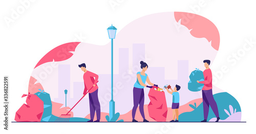 Volunteers community cleaning garbage flat vector illustration. People working in team for city ecology protection. Environment, nature and clean planet concept