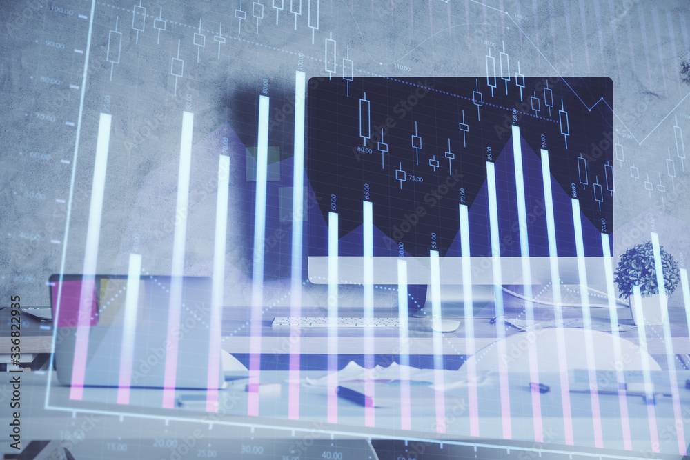 Multi exposure of financial graph drawing and office interior background. Concept of market analysis. Multi exposure of financial graph drawing and office interior background. Concept of market analysis.