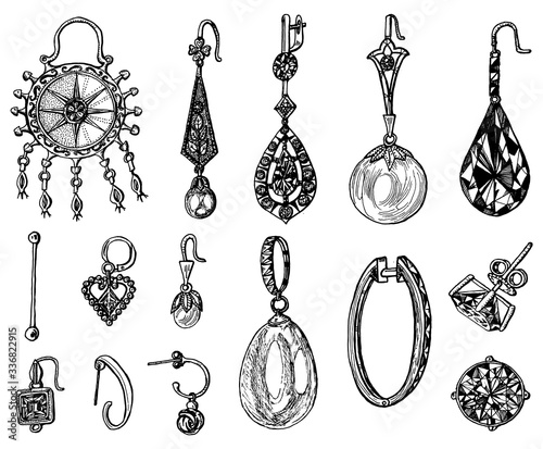 Women's jewelry earrings. Vintage handmade decorations. Retro products set. Antique Vintage gold fancy articles or bijouterie. Engraved monochrome elements. Hand drawn sketch. Vector illustration.