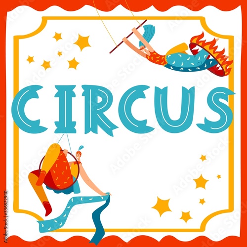 Character male, female gymnast, acrobat in ring of fire, isolated on white, flat vector illustration. Design banner for website, ticket. Entertainment circus show, promotional invitation card.