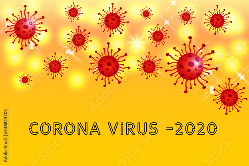 coronavirus background, asian flu. Realistic bacteria, microbe infection and blood, biology banner, concept. Vector bacillus, microorganism in closeup