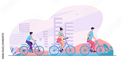 Family riding bikes in city park. Young couple with child cycling outdoors. Vector illustration for urban activity, healthy lifestyle, vacation concept
