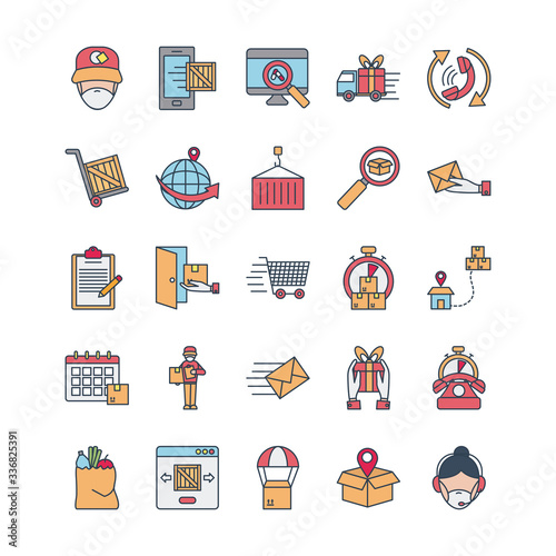 technology devices and fast delivery icon set, line and fill style