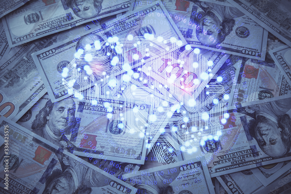 Double exposure of brain drawing over us dollars bill background. Technology concept. Double exposure of brain drawing over us dollars bill background. Technology concept.