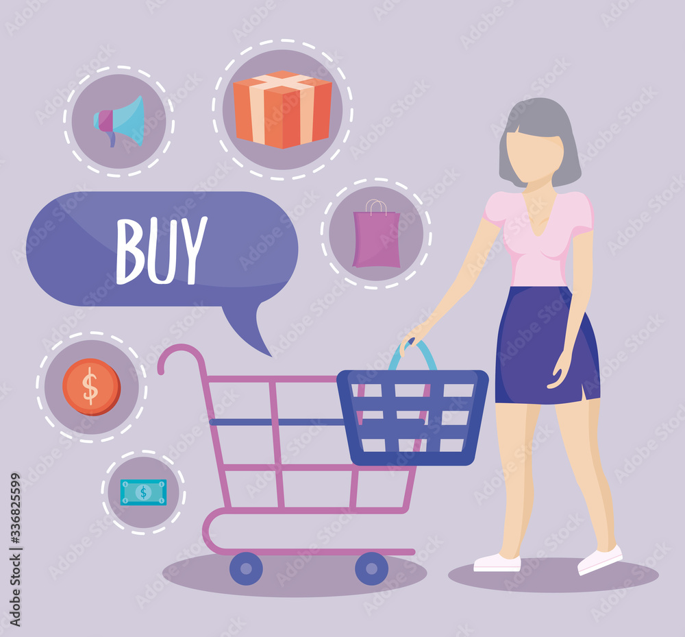 woman with shopping cart and commercial icons woman with shopping cart and commercial icons
