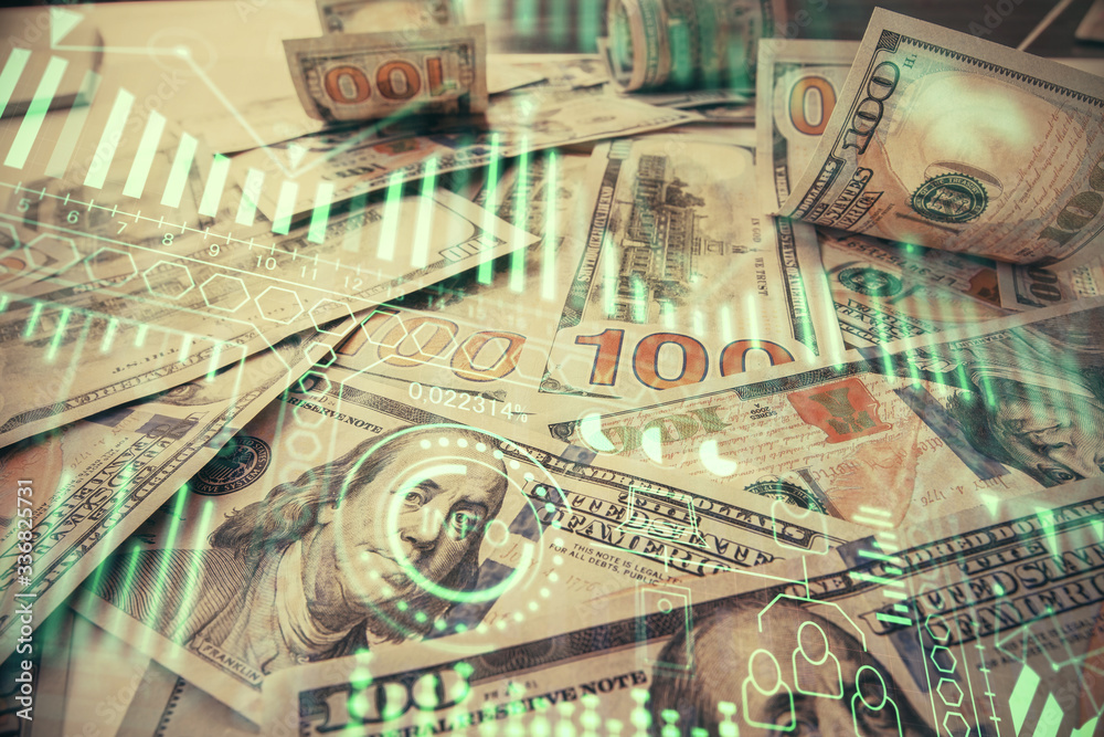 Double exposure of tech theme drawing over usa dollars bill background. Concept of technology.