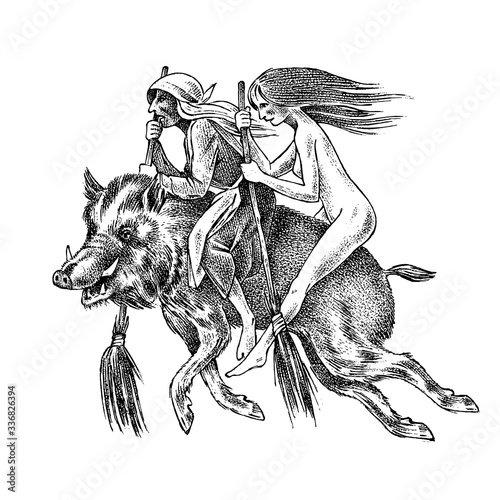 Witch flies with a broom and a boar. Ancient mythical Magic character. Engraved monochrome sketch. Hand drawn vintage old Fortune illustration.