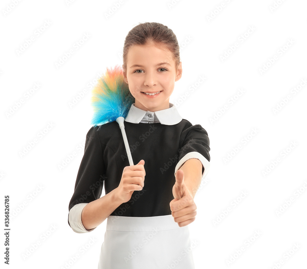 Cute little chambermaid showing thumb-up on white background Cute little chambermaid showing thumb-up on white background