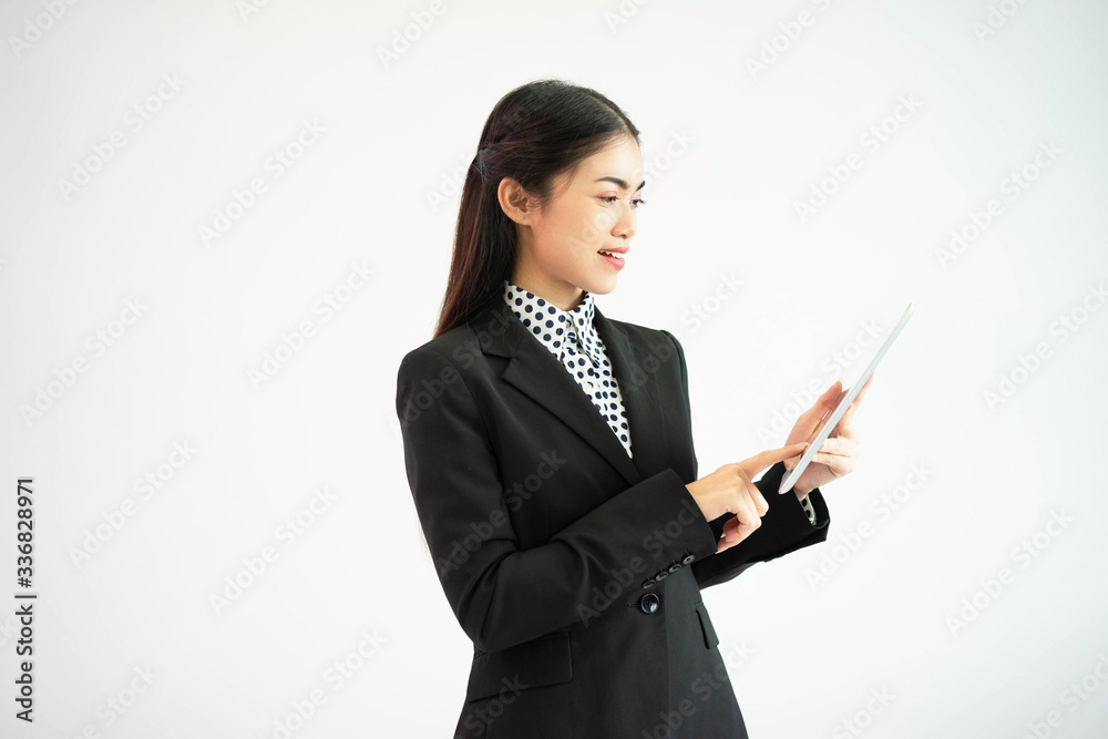 Businesswoman glad with hand holding tablet on white background Businesswoman glad with hand holding tablet on white background