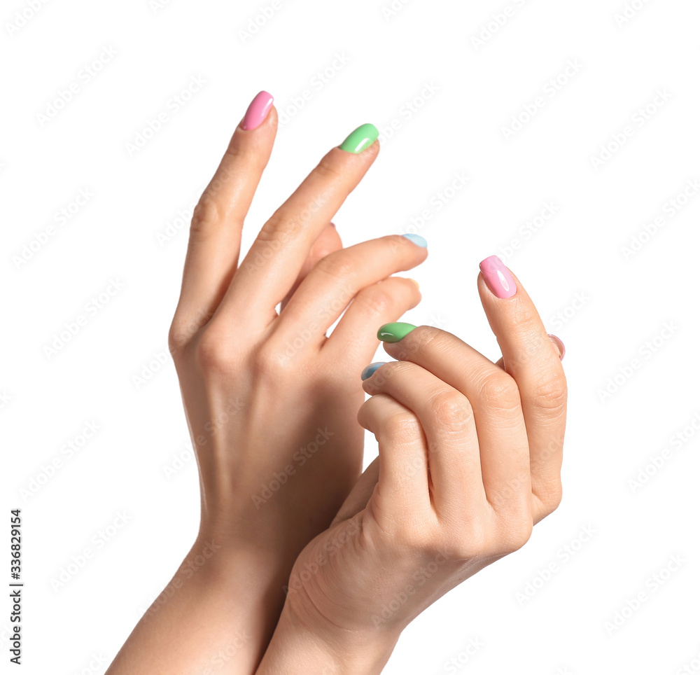 Hands of young woman with beautiful manicure on white background Hands of young woman with beautiful manicure on white background