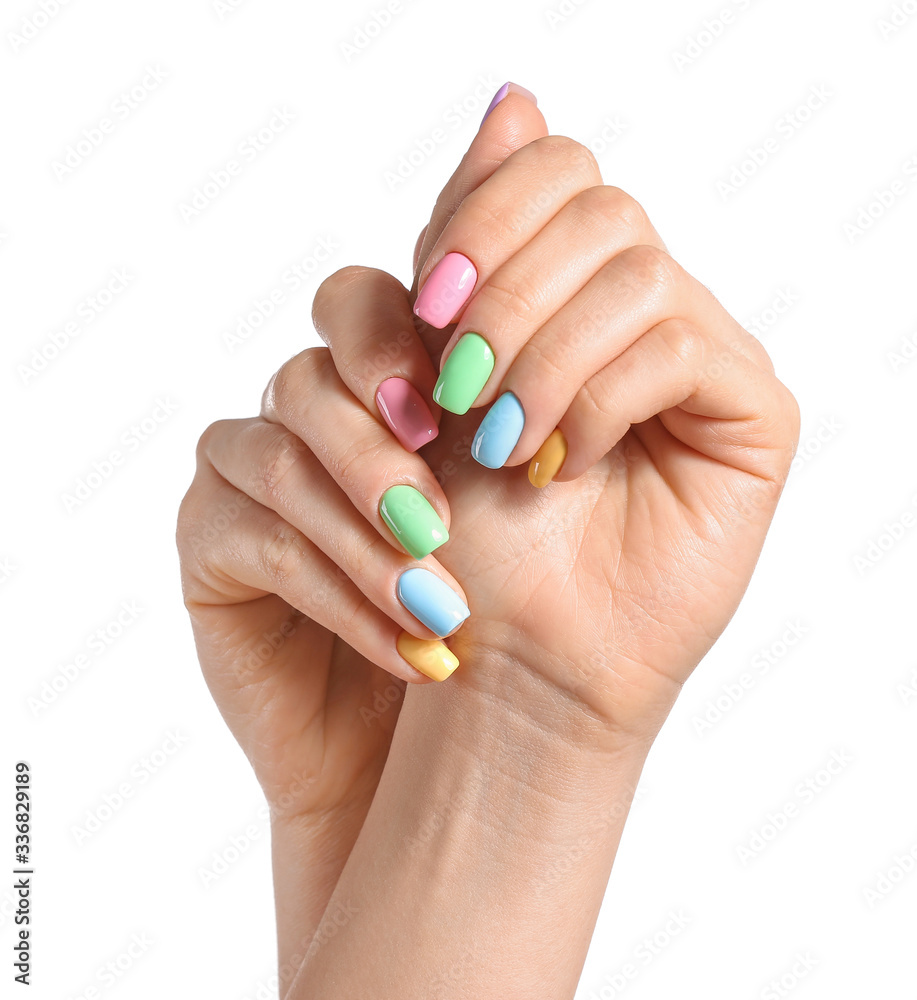 Hands of young woman with beautiful manicure on white background Hands of young woman with beautiful manicure on white background