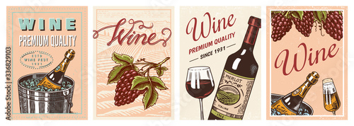 Wine posters or vineyard banners. Sparkling champagne background, Cheers toast and Grape. Hand Drawn engraved vintage old sketch for bar, alcohol label, restaurant menu.