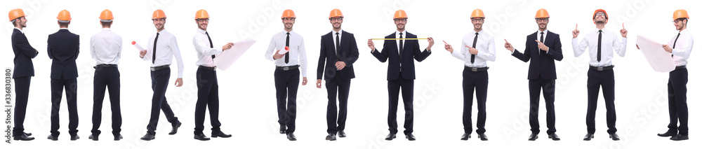 panoramic photo collage of confident architect isolated on white panoramic photo collage of confident architect isolated on white