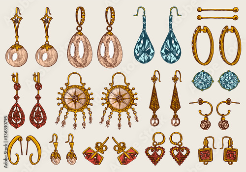 Women's jewelry earrings. Vintage handmade decorations. Retro products set. Antique Vintage gold fancy articles or bijouterie. Engraved monochrome elements. Hand drawn sketch. Vector illustration.