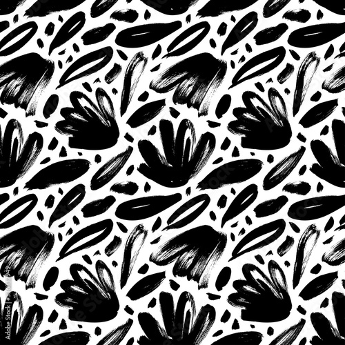 Brush black loose leaves and flowers vector seamless pattern. Hand drawn black paint ink illustration with abstract floral motif.